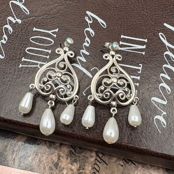 Vintage Handmade Chandelier Earrings Silver Filigree Pearl Drops - Picture 1 of 5